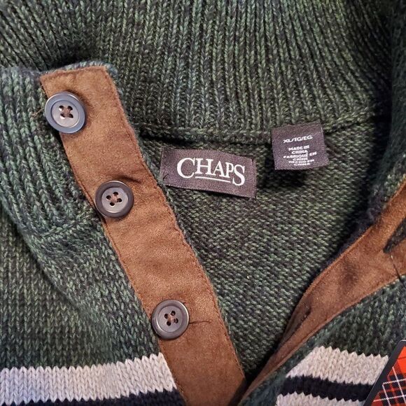 NEW Chaps Mock Button Neck Pull Over Heavy Cotton Sweater Green Black XL - Picture 5 of 5